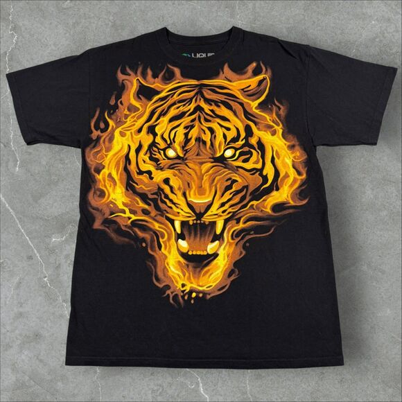 Black Liquid Blue Flaming Tiger Big Print Graphic T Shirt - Large - Picture 1 of 6
